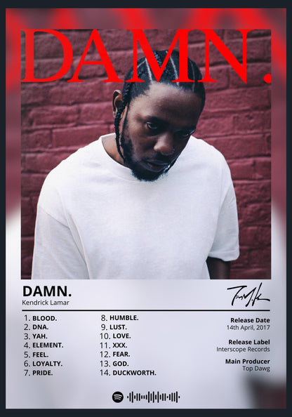 Kendrick Lamar DAMN album poster wall art