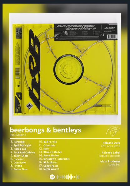 Post Malone beerbongs & bentleys album poster wall art